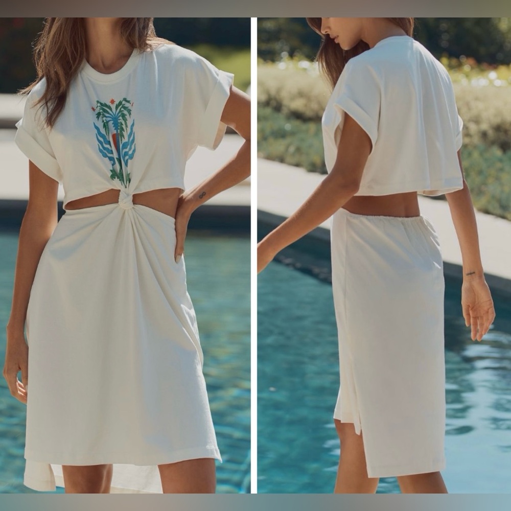 Anthropologie White High-Low Cutout Dress with Blue & Green Print